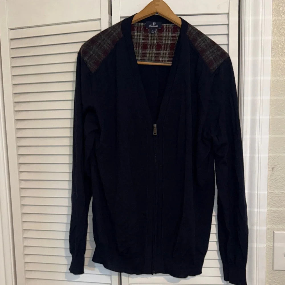 Faconnable Dark Navy Zip-Up Sweater with Plaid Shoulders - XL